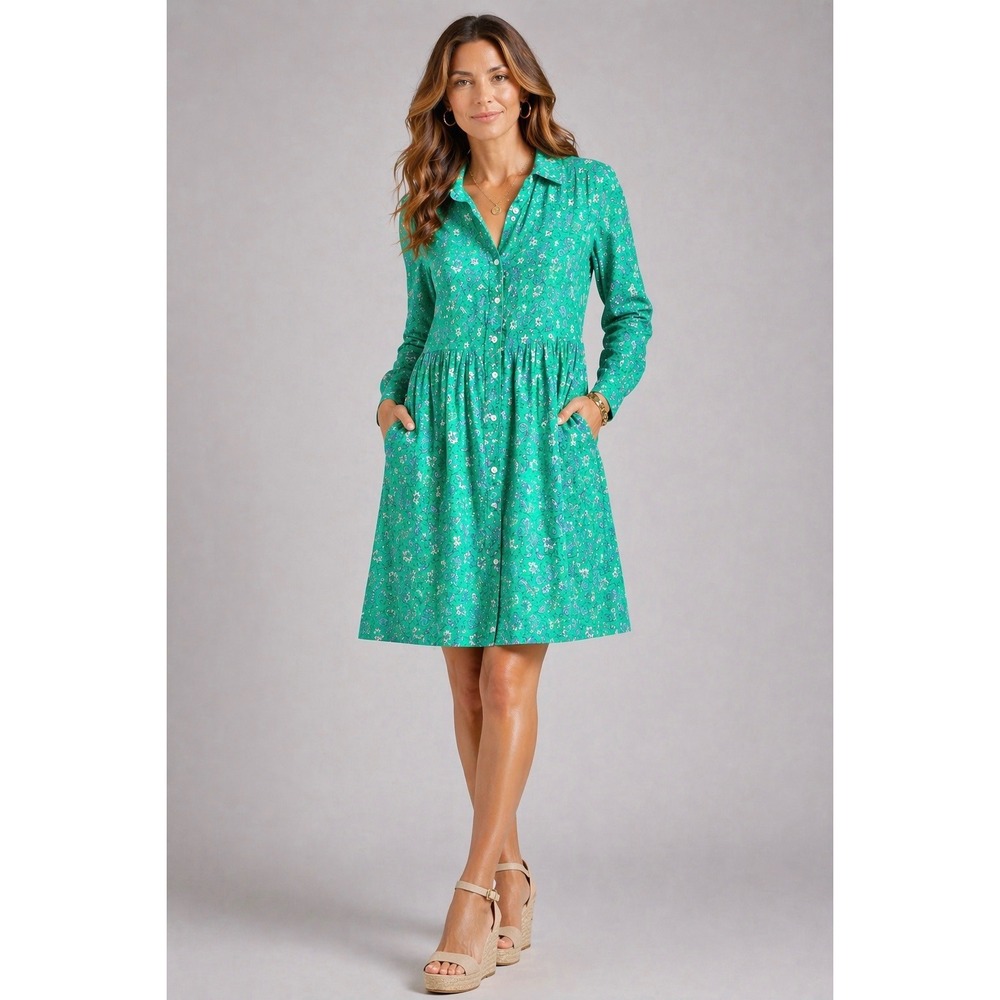 J.Crew Re-Imagined Green Floral Cotton Shirt Dress‎ Size 6 Button Pockets Mini